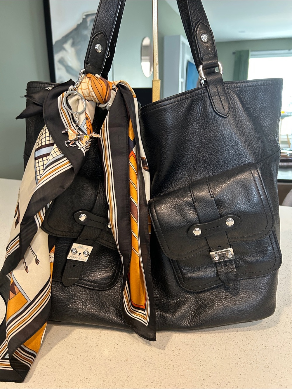 Ralph Lauren Black Pebbled Leather Shoulder Tote w/Equestrian Scarf & Charm - Picture 3 of 16